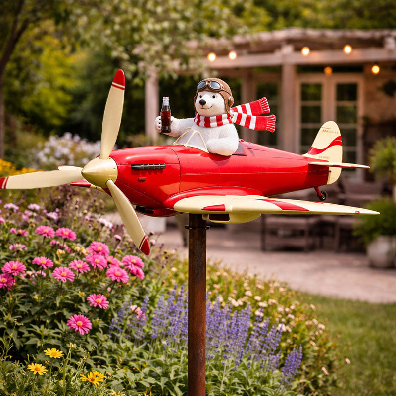 🐻✈️ Polar Bear Pilot Airplane Wind Spinner – Whimsical Garden Decor ✨🏆